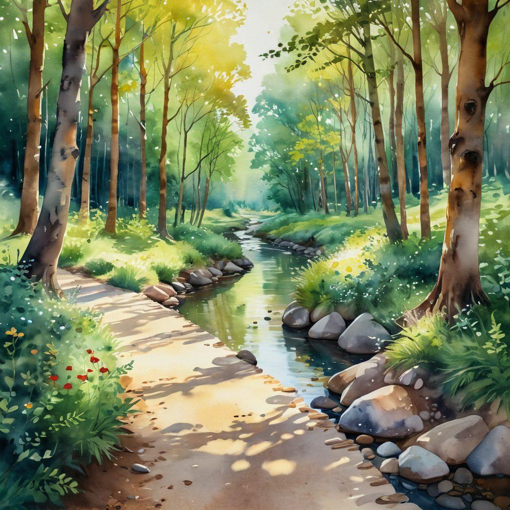 A serene forest path illuminated by soft, warm sunlight, symbolizing a journey of love. Along the path, whimsical hearts float gently through the air, while diverse couples of various backgrounds are depicted sharing moments of affection and laughter. In the background, a gentle stream flows, reflecting the beauty of connection. The atmosphere is uplifting and inviting, evoking feelings of hope and understanding in relationships. watercolor style. warm tones. soft focus.
