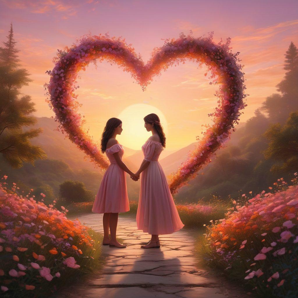 A beautiful scene depicting two friends transforming into soulmates, standing on a winding path adorned with heart-shaped flowers, surrounded by a soft, glowing light. The background showcases a sunset sky filled with warm hues of orange and pink, symbolizing intimacy and affection. Ethereal elements such as butterflies and sparkles add a magical touch to the atmosphere. super-realistic. vibrant colors. enchanting setting.