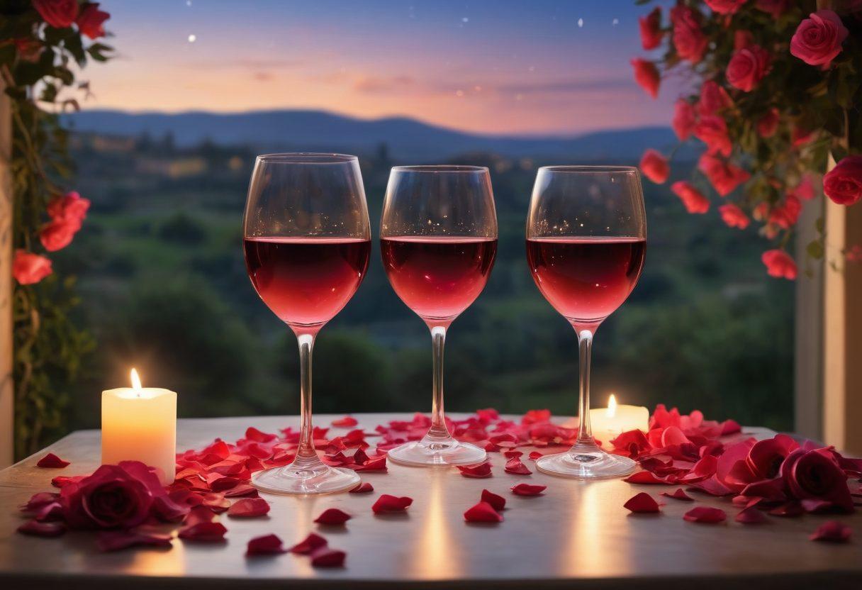 A beautifully arranged table for two, adorned with soft candlelight and romantic rose petals, set against a twilight backdrop with a starry sky. Gentle whispers of warmth and intimacy fill the air, as two wine glasses catch the light, symbolizing connection and love. The scene invites the viewer into a world of romance, where heartfelt conversations blossom. super-realistic. vibrant colors. soft lighting.